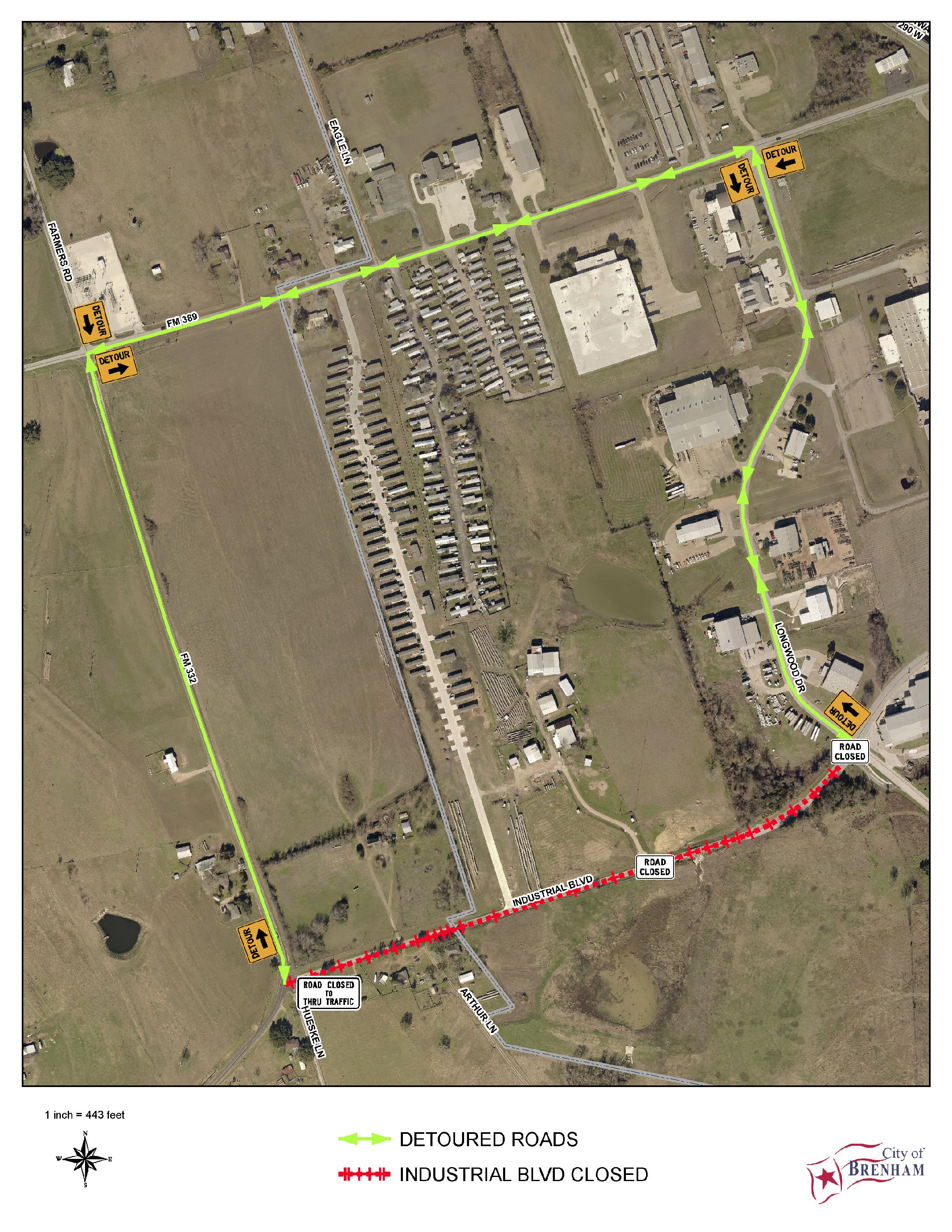 Industrial Blvd Detour Map (A detour around this construction area will be FM 389 and FM 332)
